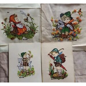 Hummel Unframed Girl and Boy Vtg Set Of 4 Needle Point 1970's Cottage-core